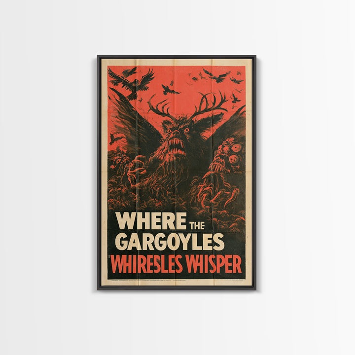 Where The Gargoyles Whisper, English Language Horror Movie Poster, 1950s Creature-Feature One-Sheet Inspired Art, Cult Horror Poster