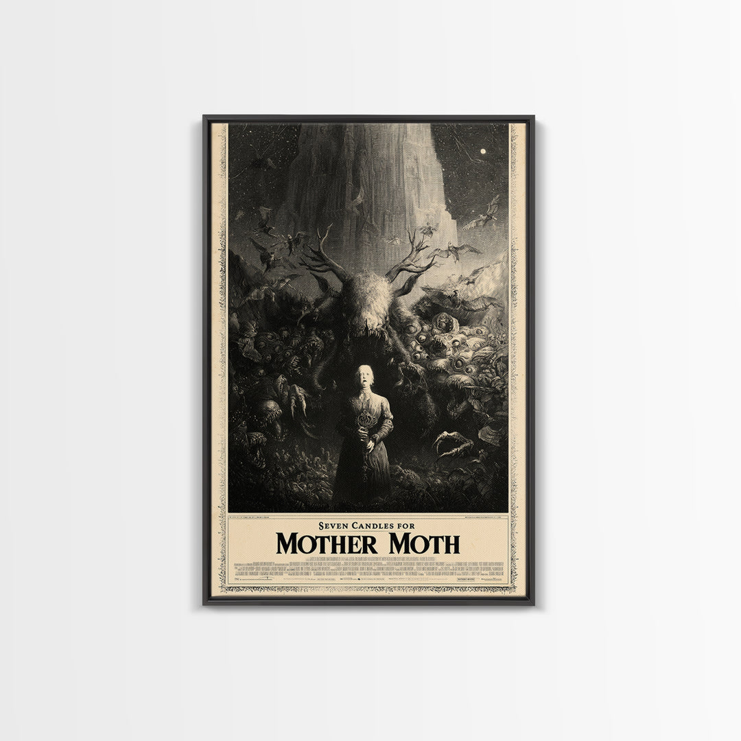 Seven Candles For Mother Moth, English Language Horror Movie Poster, Gothic Engraving Art, Retro Horror Movie Art, Framed Canvas Print