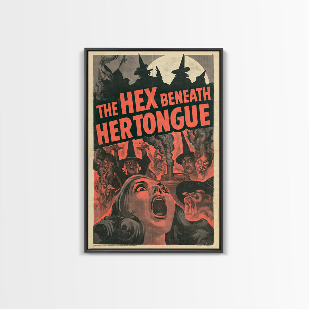 The Hex Beneath Her Tongue, English Language Horror Movie Poster, 1950s Creature-Feature One-Sheet Inspired Art, Gothic Cinema Wall Art
