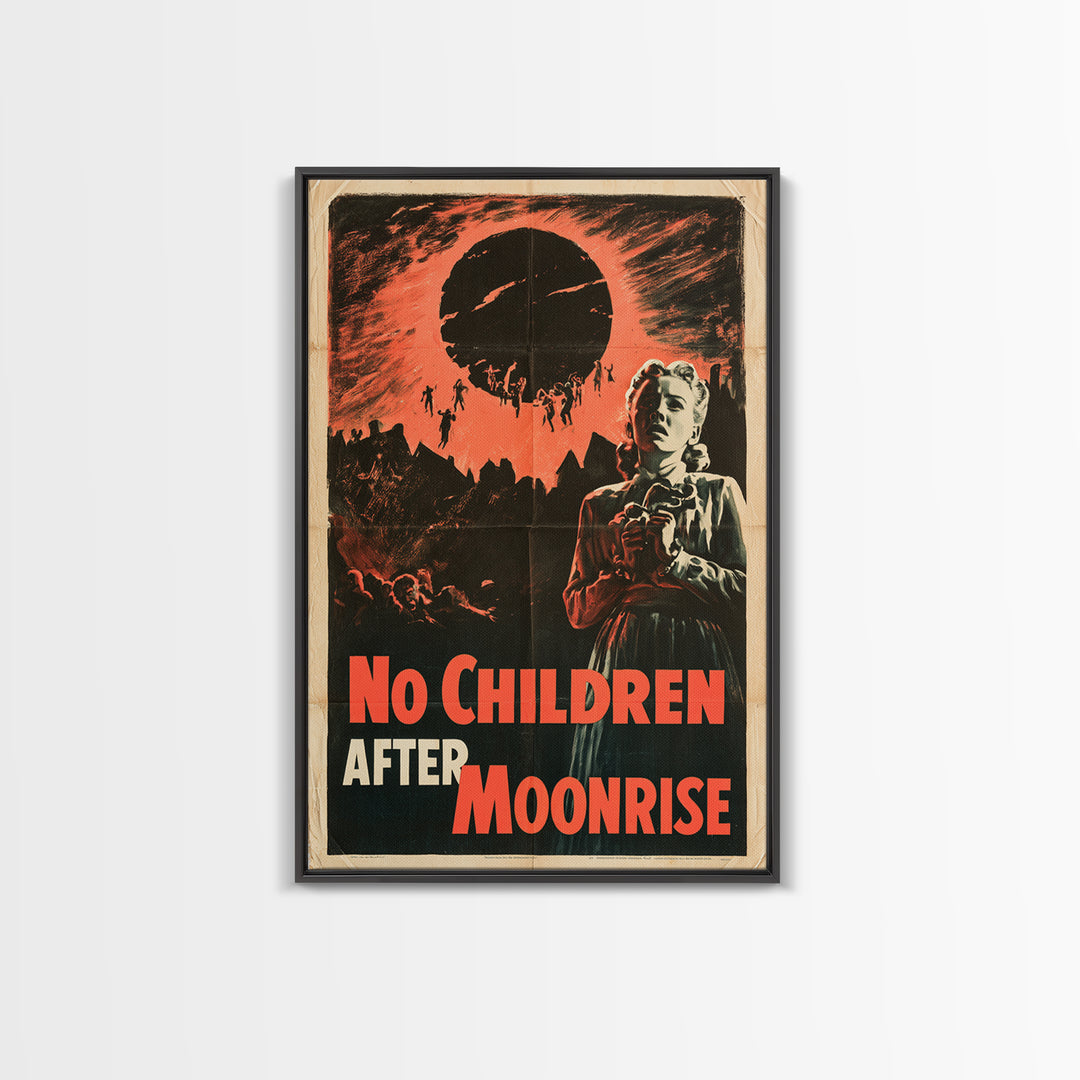 No Children After Moonrise, English Language Horror Movie Poster, 1950s Creature-Feature One-Sheet Inspired Art, Retro Horror Movie Art