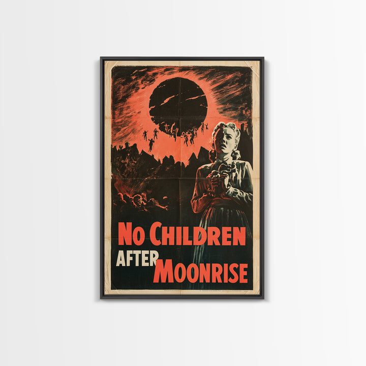 No Children After Moonrise, English Language Horror Movie Poster, 1950s Creature-Feature One-Sheet Inspired Art, Retro Horror Movie Art