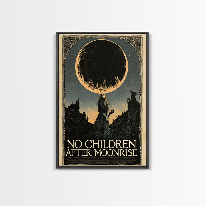 No Children After Moonrise, English Language Horror Movie Poster, Decadent Line Art, Cult Horror Poster, Framed Canvas Print