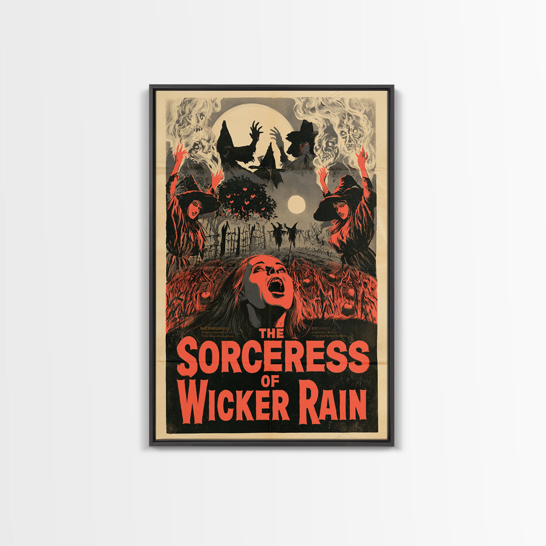The Sorceress Of Wicker Rain, English Language Horror Movie Poster, 1950s Creature-Feature One-Sheet Inspired Art, Retro Horror Movie Art
