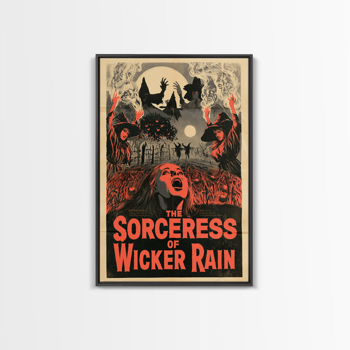 The Sorceress Of Wicker Rain, English Language Horror Movie Poster, 1950s Creature-Feature One-Sheet Inspired Art, Retro Horror Movie Art