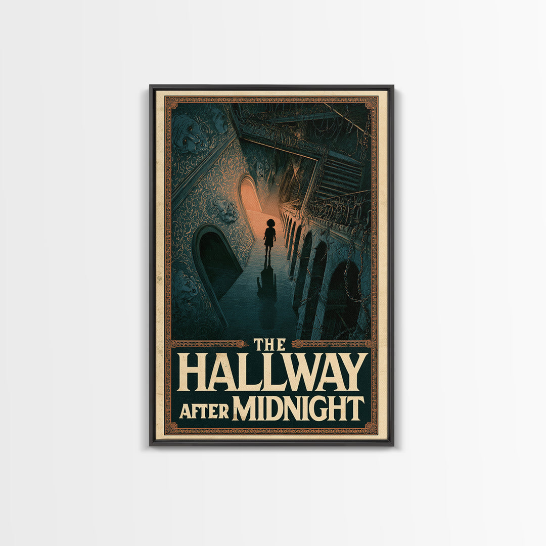 The Hallway After Midnight, English Language Horror Movie Poster, Architectural Etching Art, Classic Monster Poster
