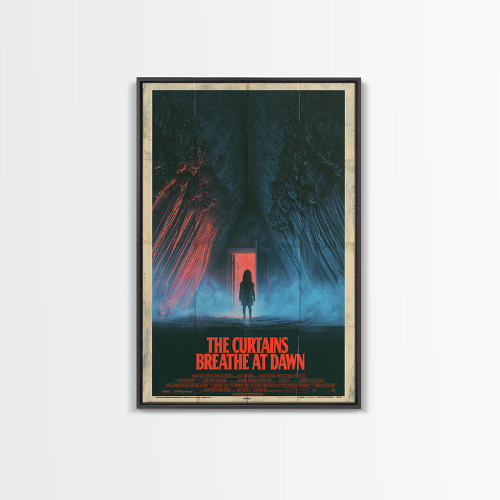 The Curtains Breathe At Dawn, English Language Horror Movie Poster, 1980s Vhs Nightmare Cover Inspired Art, Retro Horror Movie Art