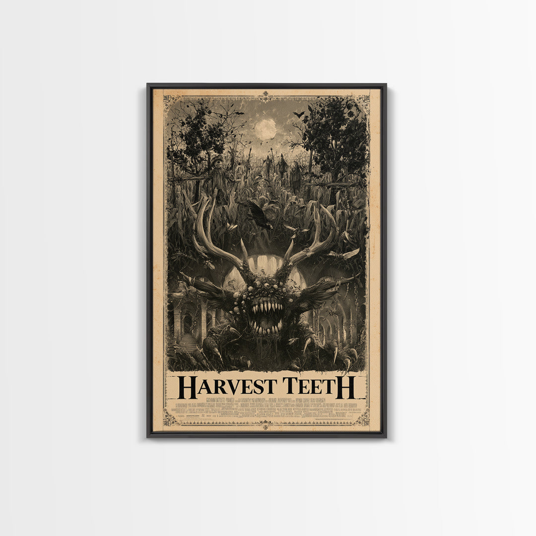 Harvest Teeth, English Language Horror Movie Poster, Architectural Etching Art, Classic Monster Poster, Framed Canvas Print