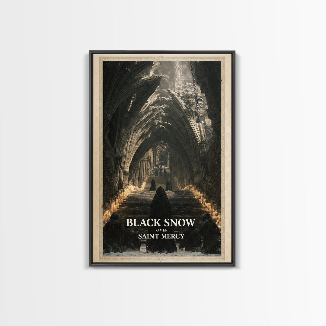 Black Snow Over Saint Mercy, English Language Horror Movie Poster, Architectural Etching Art, Classic Monster Poster