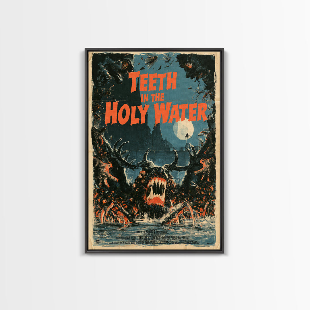 Teeth In The Holy Water, English Language Horror Movie Poster, Giallo Horror Art, Classic Monster Poster, Framed Canvas Print