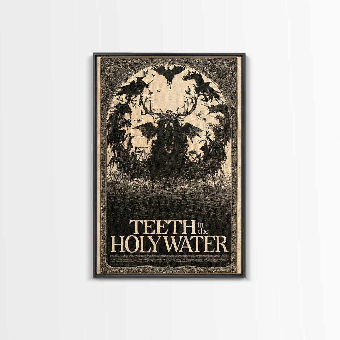 Teeth In The Holy Water, English Language Horror Movie Poster, Decadent Line Art, Classic Monster Poster, Framed Canvas Print
