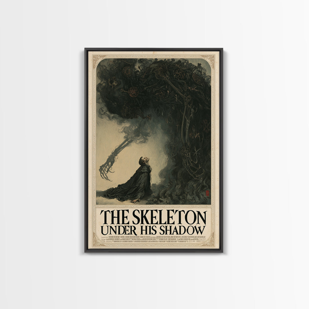 The Skeleton Under His Shadow, English Language Horror Movie Poster, Gothic Nightmare Art, Cult Horror Poster, Framed Canvas Print