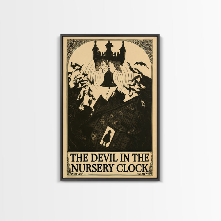 The Devil In The Nursery Clock, English Language Horror Movie Poster, Decadent Line Art, Cult Horror Poster, Framed Canvas Print