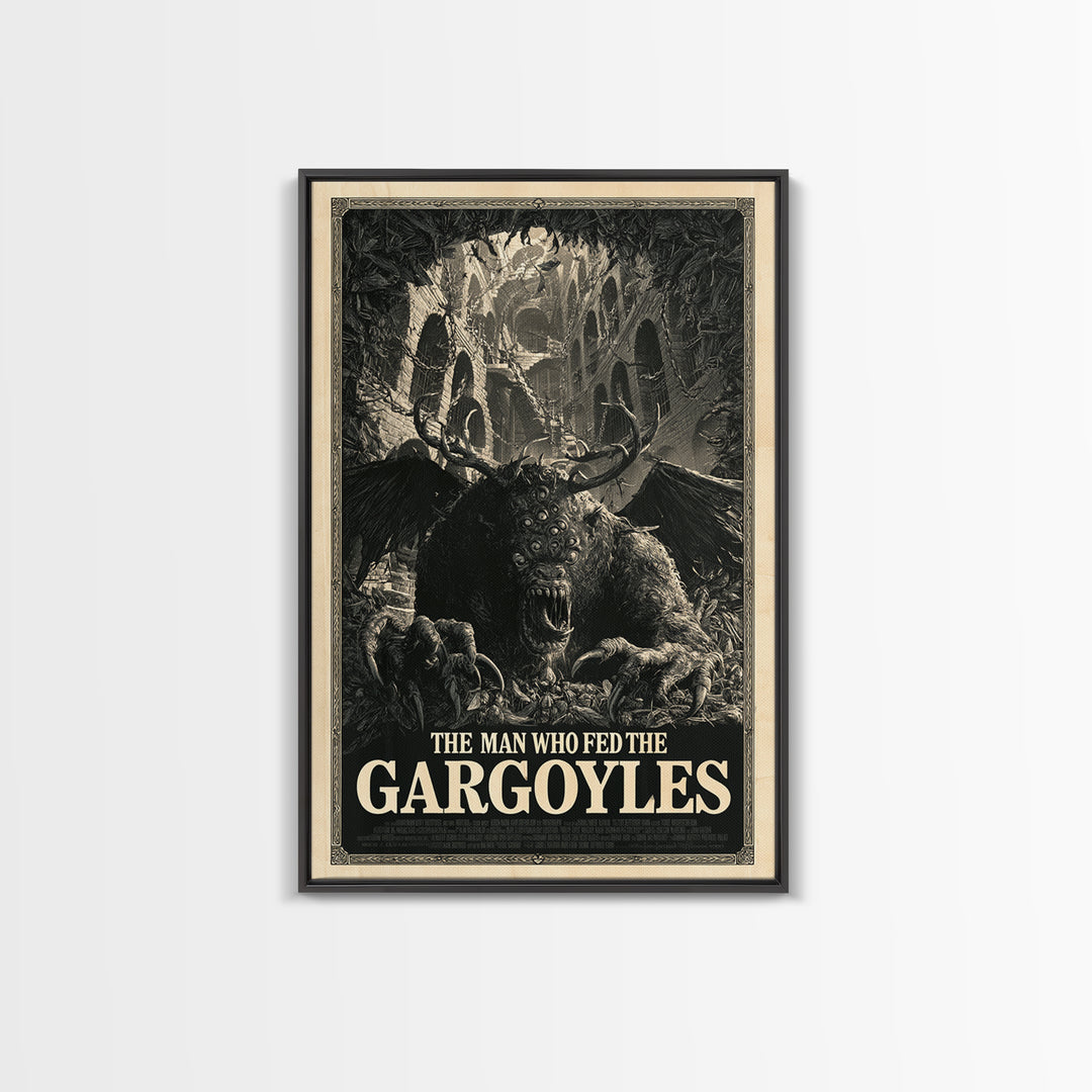 The Man Who Fed The Gargoyles, English Language Horror Movie Poster, Architectural Etching Art, Cult Horror Poster