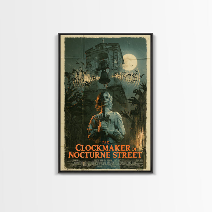 The Clockmaker Of Nocturne Street, English Language Horror Movie Poster, Giallo Horror Art, Retro Horror Movie Art, Framed Canvas Print