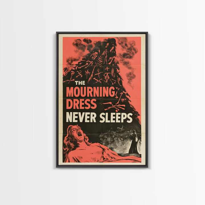 The Mourning Dress Never Sleeps, English Language Horror Movie Poster, 1950s Creature-Feature One-Sheet Inspired Art, Gothic Cinema Wall Art