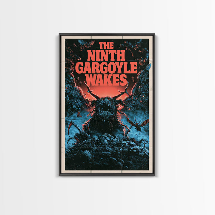 The Ninth Gargoyle Wakes, English Language Horror Movie Poster, 1980s Vhs Nightmare Cover Inspired Art, Classic Monster Poster