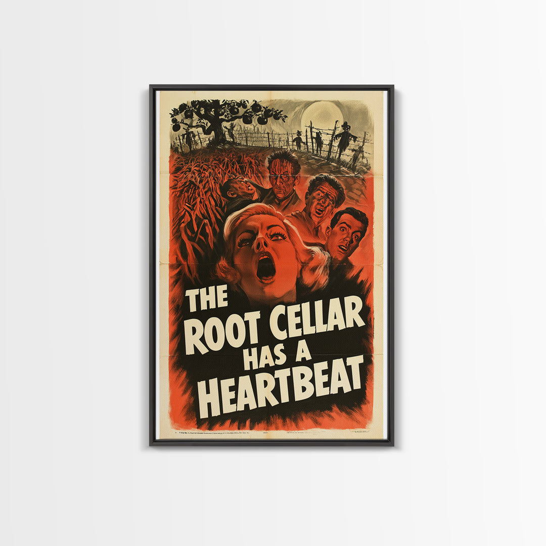 The Root Cellar Has A Heartbeat, English Language Horror Movie Poster, 1950s Creature-Feature One-Sheet Inspired Art, Gothic Cinema Wall Art