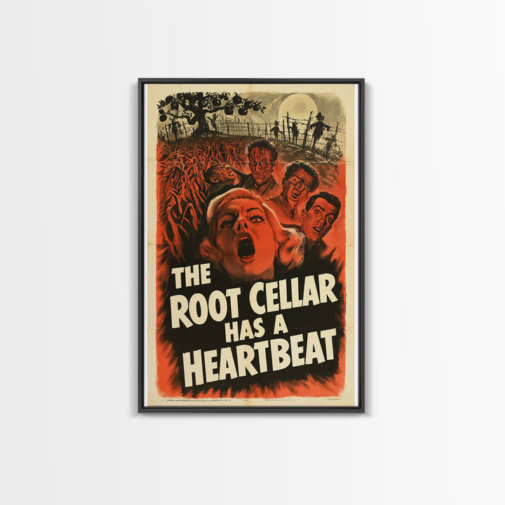 The Root Cellar Has A Heartbeat, English Language Horror Movie Poster, 1950s Creature-Feature One-Sheet Inspired Art, Gothic Cinema Wall Art