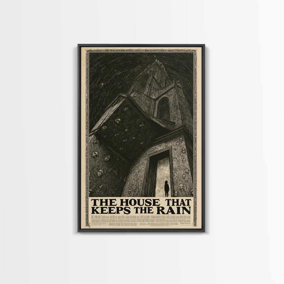 The House That Keeps The Rain, English Language Horror Movie Poster, Gothic Engraving Art, Retro Horror Movie Art, Framed Canvas Print