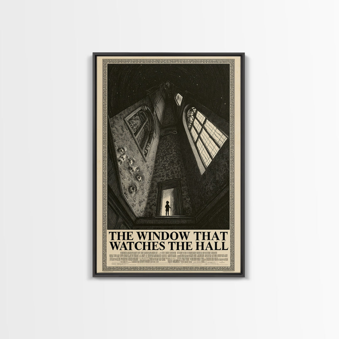 The Window That Watches The Hall, English Language Horror Movie Poster, Gothic Engraving Art, Cult Horror Poster, Framed Canvas Print