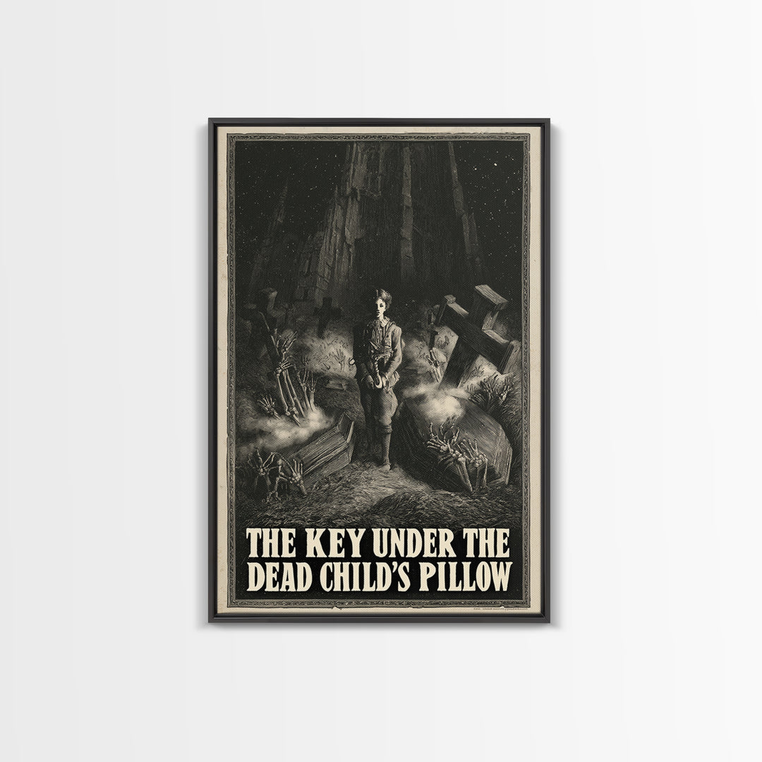 The Key Under The Dead Child'S Pillow, English Language Horror Movie Poster, Gothic Engraving Art, Retro Horror Movie Art, Canvas Print