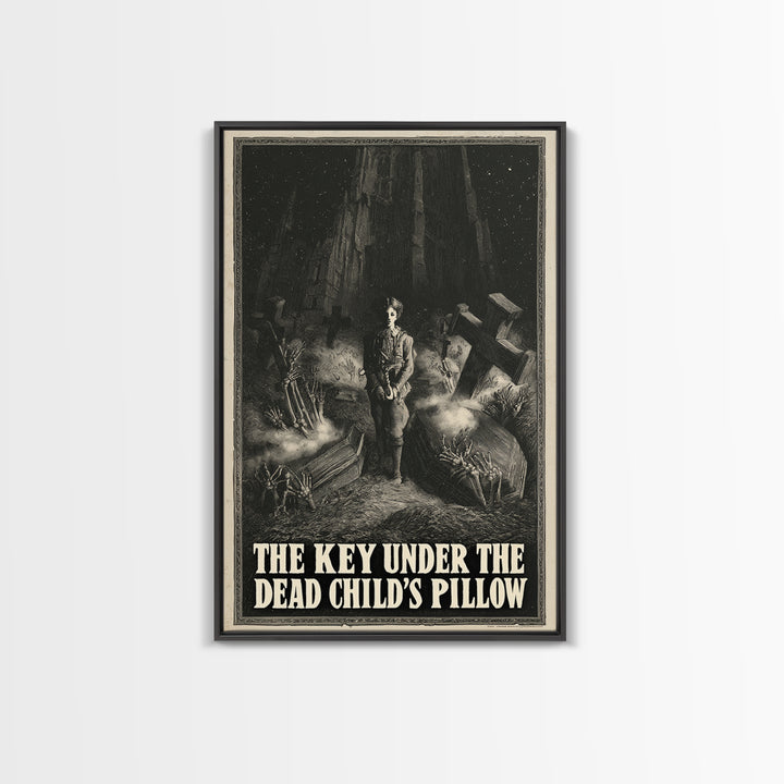 The Key Under The Dead Child'S Pillow, English Language Horror Movie Poster, Gothic Engraving Art, Retro Horror Movie Art, Canvas Print