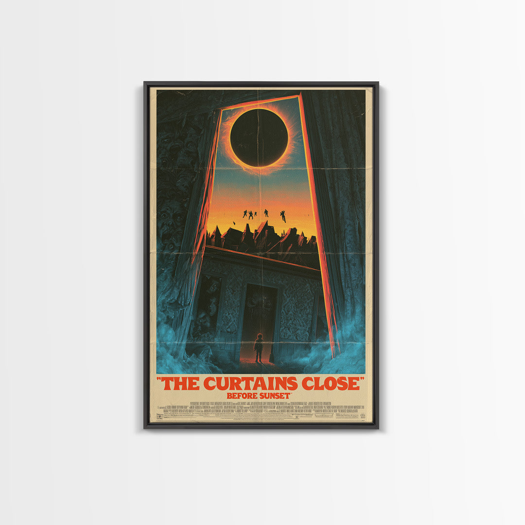 The Curtains Close Before Sunset, English Language Horror Movie Poster, 1980s Vhs Nightmare Cover Inspired Art, Cult Horror Poster