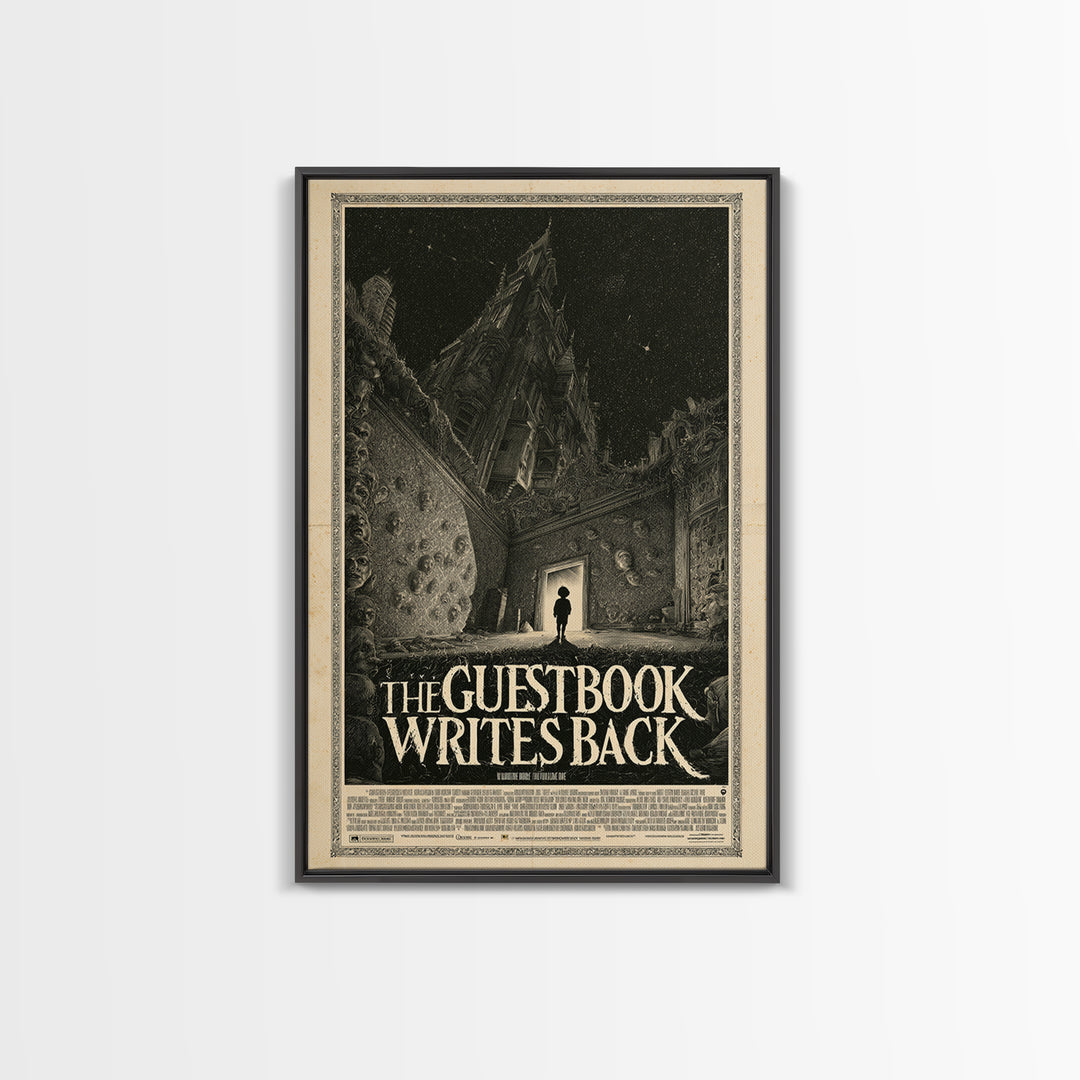 The Guestbook Writes Back, English Language Horror Movie Poster, Gothic Engraving Art, Gothic Cinema Wall Art, Framed Canvas Print