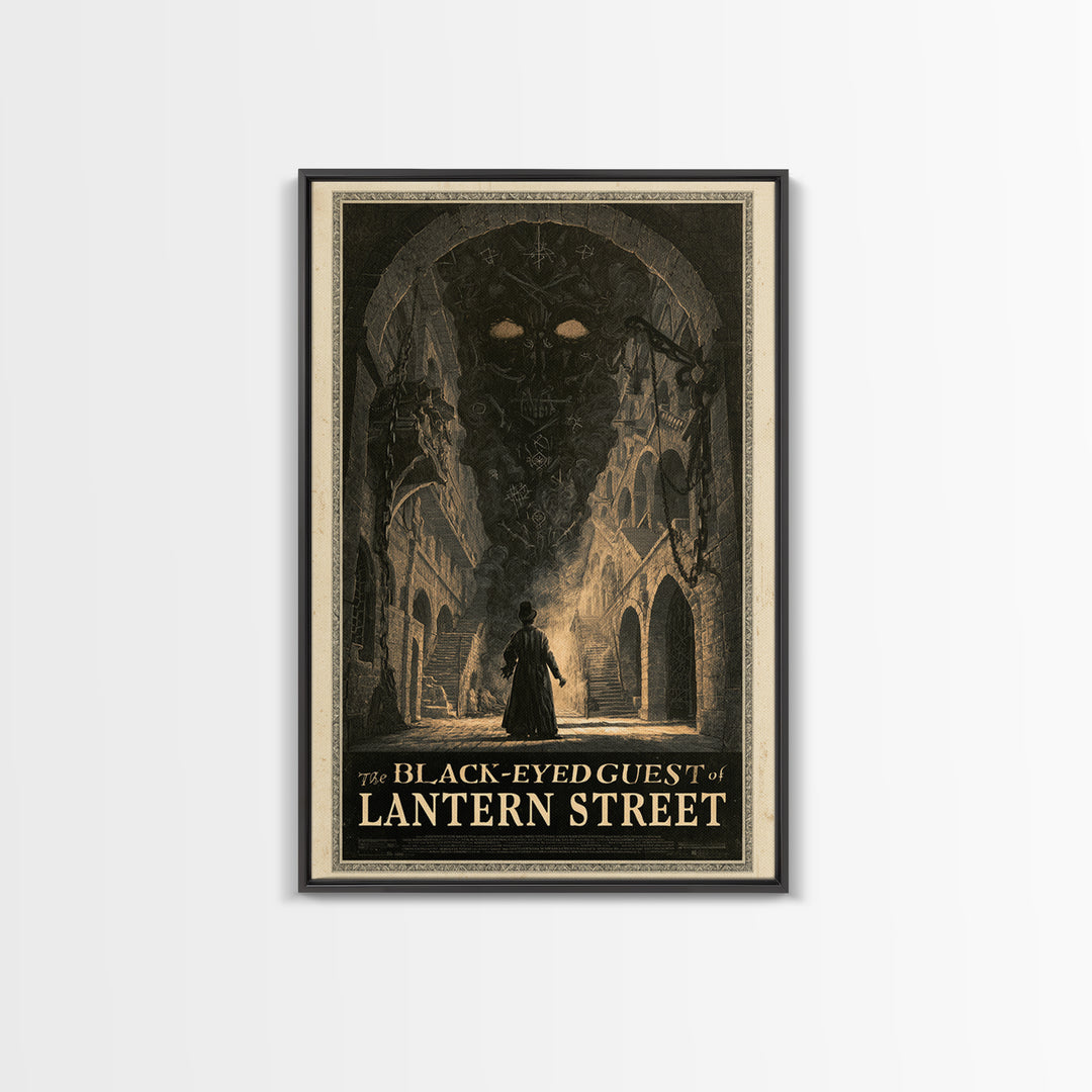 The Black-Eyed Guest Of Lantern Street, English Language Horror Movie Poster, Architectural Etching Art, Framed Canvas Print