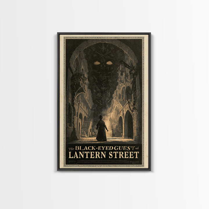The Black-Eyed Guest Of Lantern Street, English Language Horror Movie Poster, Architectural Etching Art, Framed Canvas Print