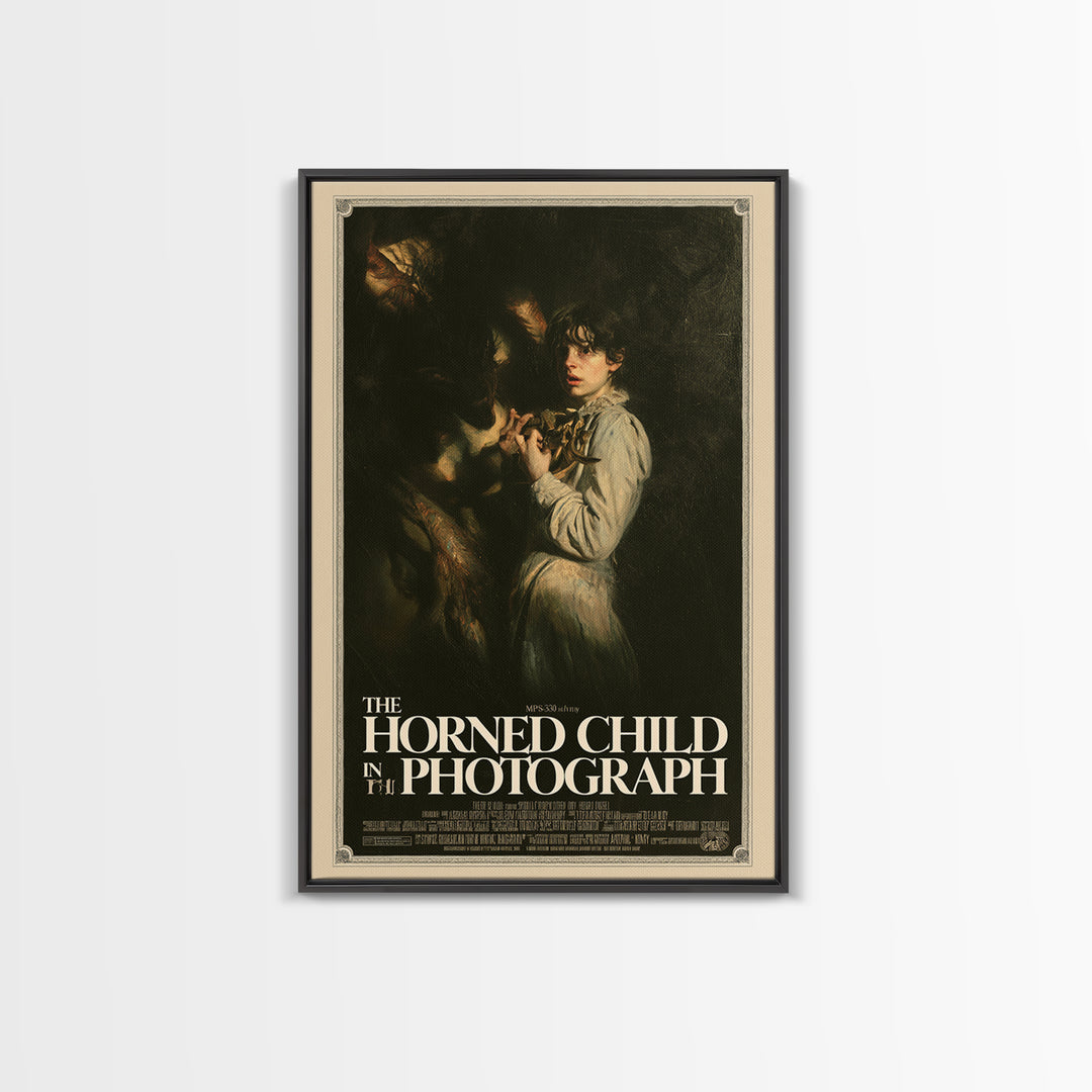 The Horned Child In The Photograph, English Language Horror Movie Poster, Gothic Nightmare Art, Gothic Cinema Wall Art, Canvas Print