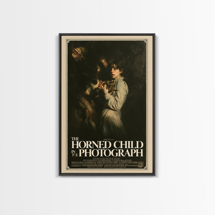 The Horned Child In The Photograph, English Language Horror Movie Poster, Gothic Nightmare Art, Gothic Cinema Wall Art, Canvas Print