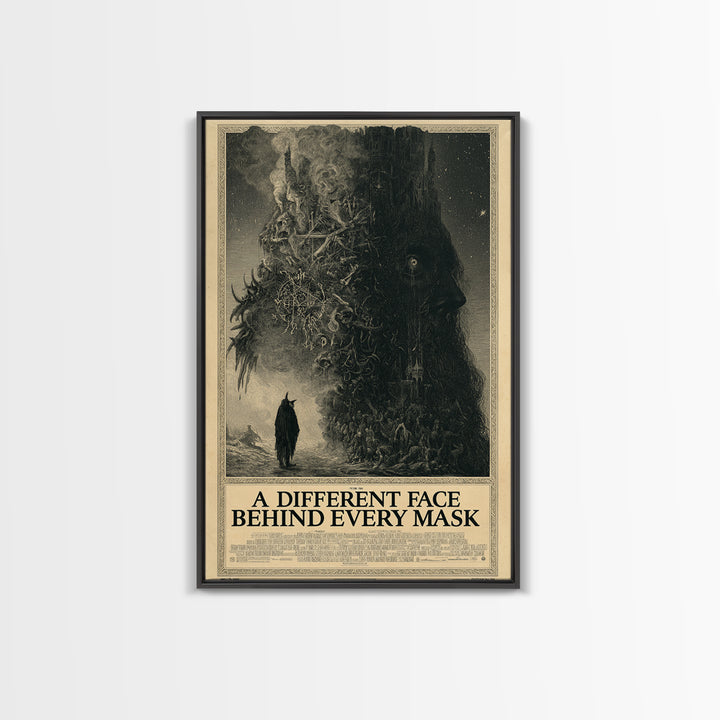 A Different Face Behind Every Mask, English Language Horror Movie Poster, Gothic Engraving Art, Gothic Cinema Wall Art