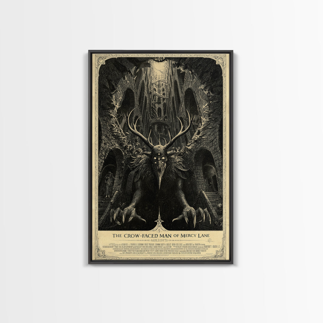 The Crow-Faced Man Of Mercy Lane, English Language Horror Movie Poster, Architectural Etching Art, Classic Monster Poster