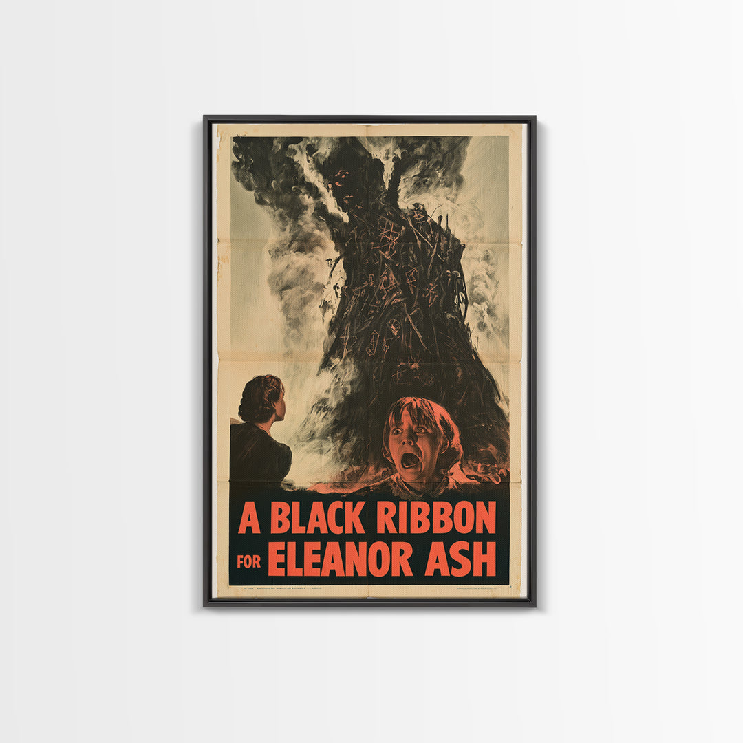 A Black Ribbon For Eleanor Ash, English Language Horror Movie Poster, 1950s Creature-Feature One-Sheet Inspired Art, Retro Horror Movie Art