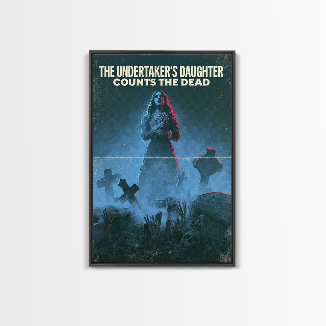 The Undertaker'S Daughter Counts The Dead, English Language Horror Movie Poster, 1980s Vhs Nightmare Cover Inspired Art, Framed Canvas Print