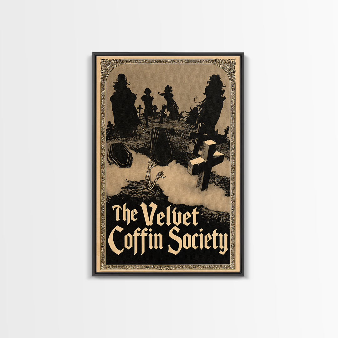 The Velvet Coffin Society, English Language Horror Movie Poster, Decadent Line Art, Gothic Cinema Wall Art, Framed Canvas Print