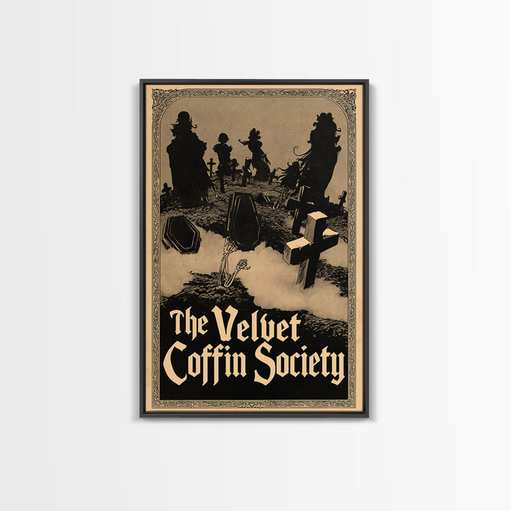 The Velvet Coffin Society, English Language Horror Movie Poster, Decadent Line Art, Gothic Cinema Wall Art, Framed Canvas Print