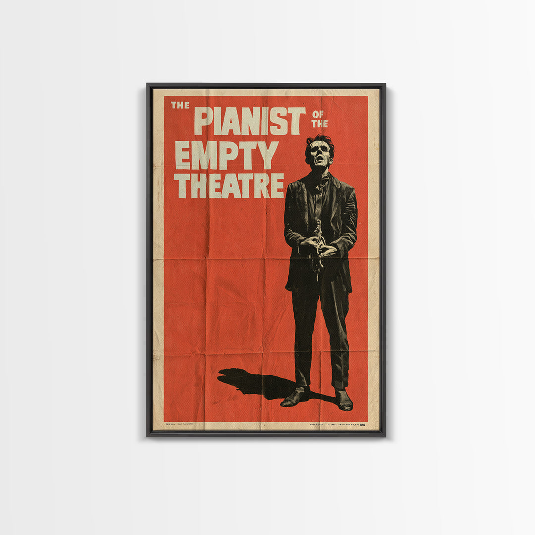 The Pianist Of The Empty Theatre, English Language Horror Movie Poster, 1950s Creature-Feature One-Sheet Inspired Art, Framed Canvas Print