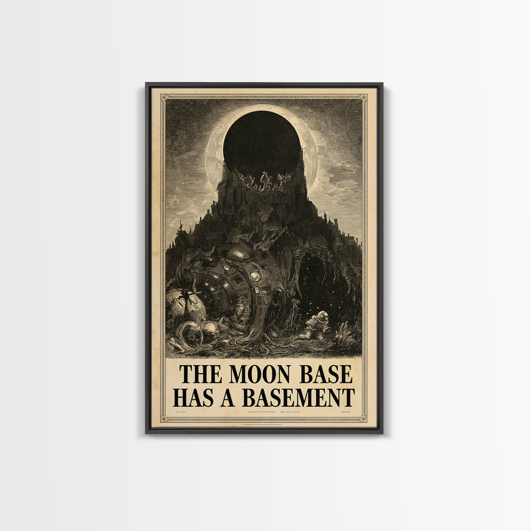 The Moon Base Has A Basement, English Language Horror Movie Poster, Gothic Engraving Art, Cult Horror Poster, Canvas Print