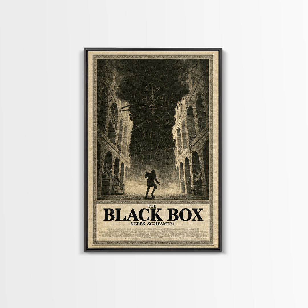 The Black Box Keeps Screaming, English Language Horror Movie Poster, Architectural Etching Art, Gothic Cinema Wall Art