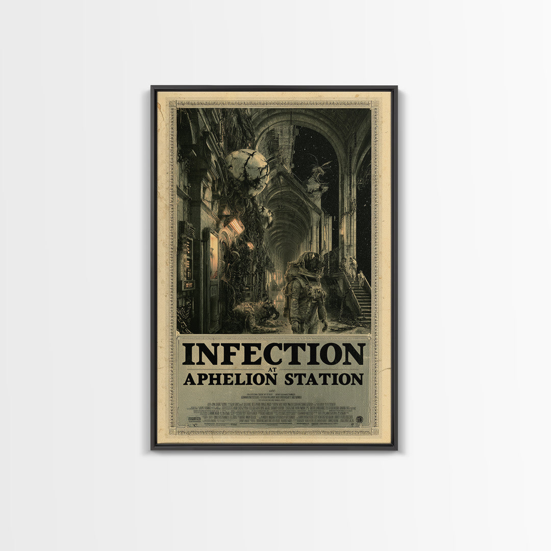 Infection At Aphelion Station, English Language Horror Movie Poster, Architectural Etching Art, Retro Horror Movie Art