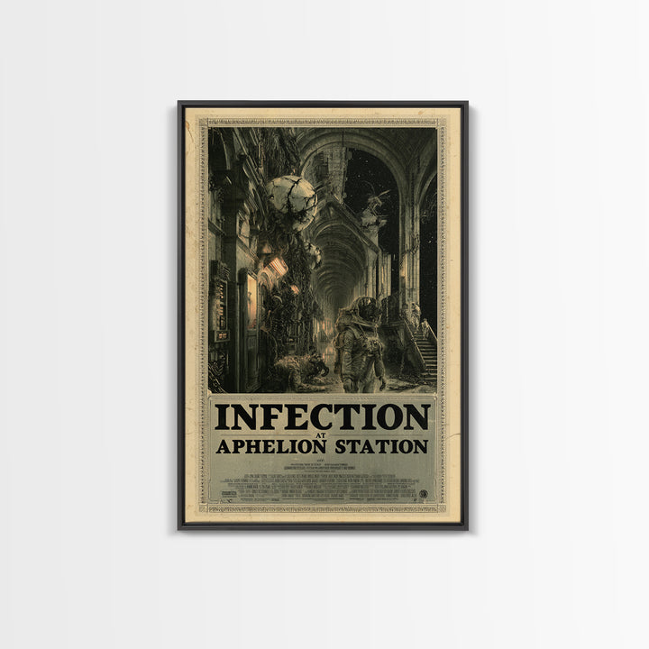 Infection At Aphelion Station, English Language Horror Movie Poster, Architectural Etching Art, Retro Horror Movie Art