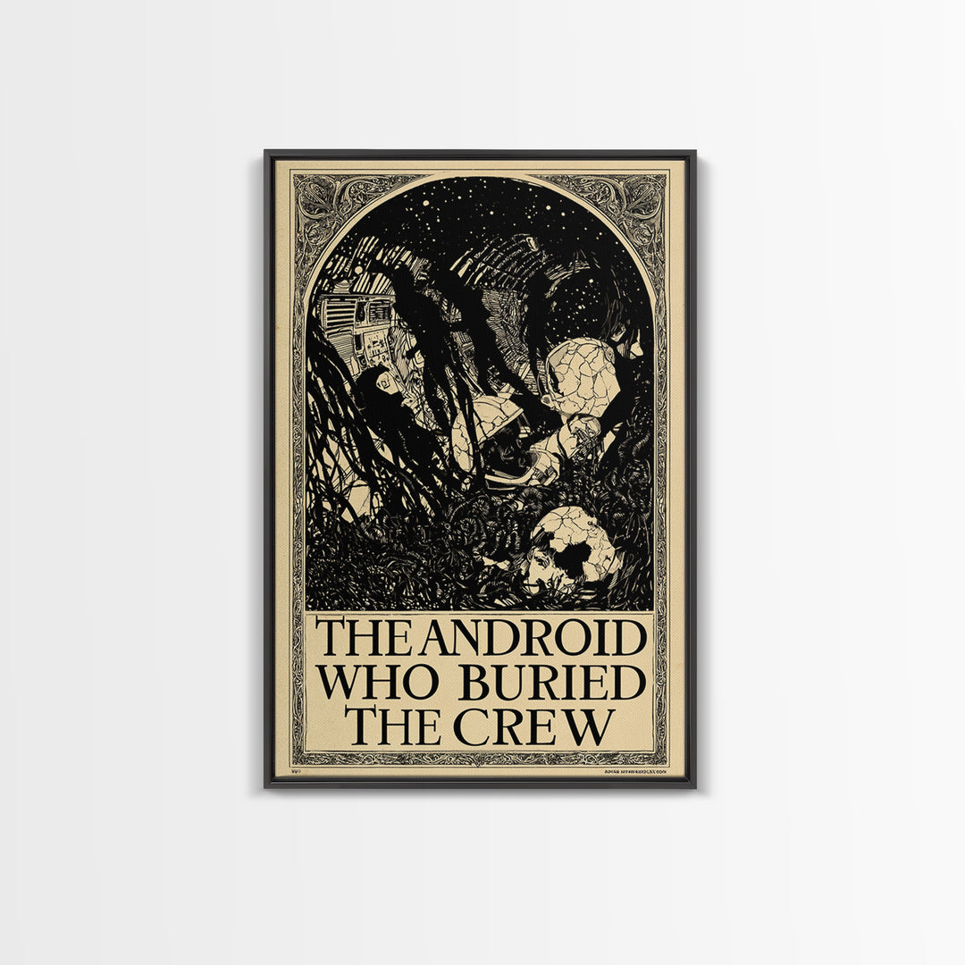 The Android Who Buried The Crew, English Language Horror Movie Poster, Decadent Line Art, Classic Monster Poster, Canvas Print