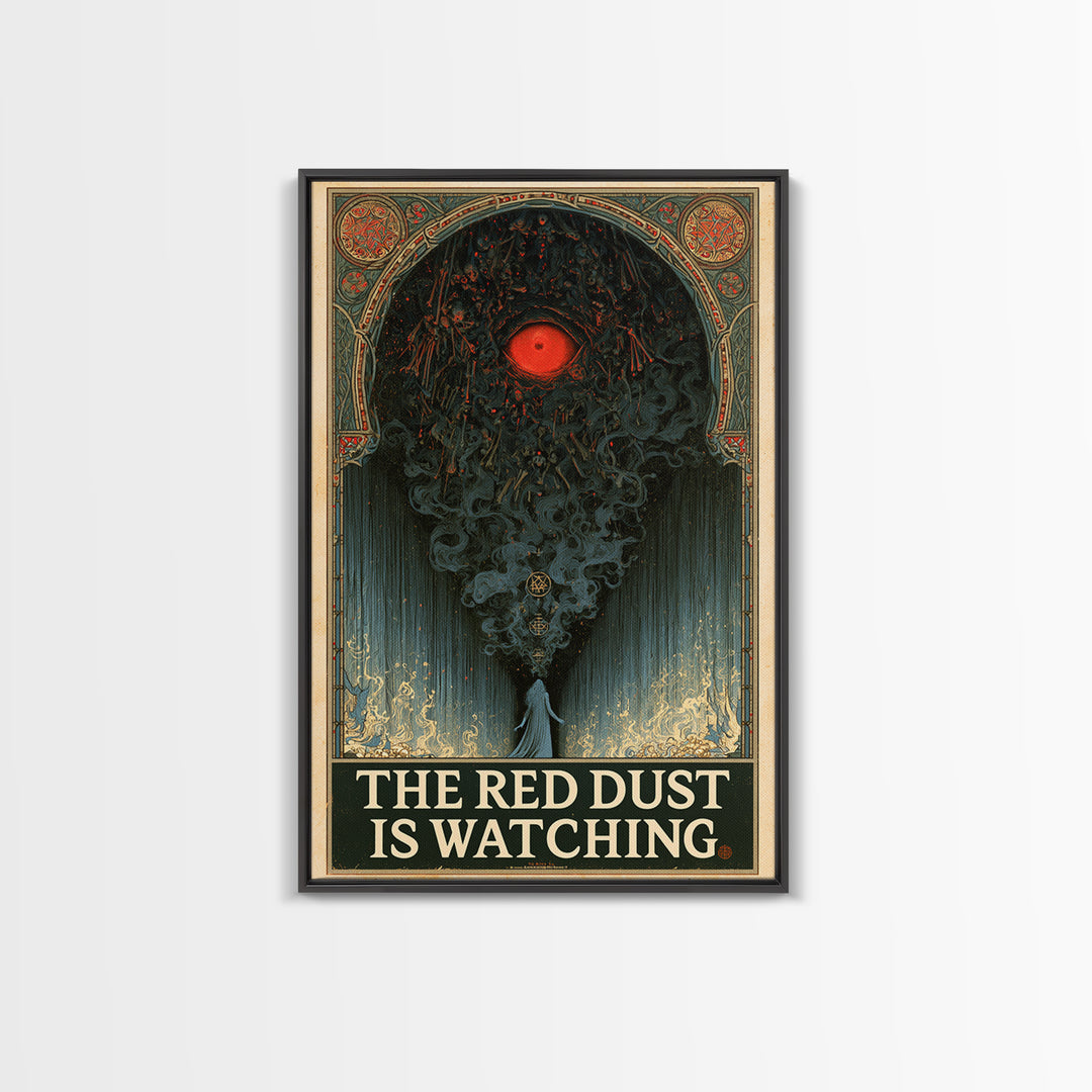 The Red Dust Is Watching, English Language Horror Movie Poster, Stained Glass Gothic Art, Retro Horror Movie Art, Framed Canvas Print