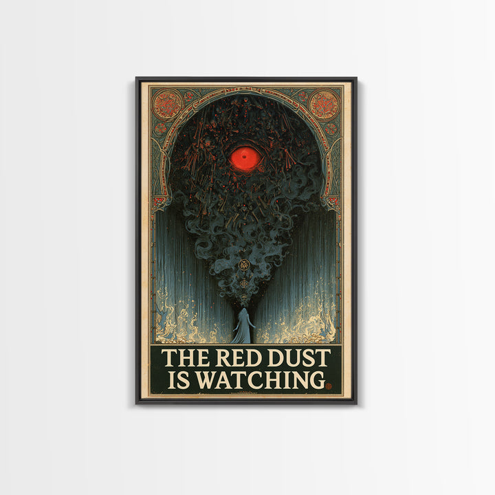 The Red Dust Is Watching, English Language Horror Movie Poster, Stained Glass Gothic Art, Retro Horror Movie Art, Framed Canvas Print