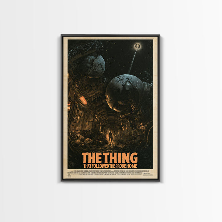 The Thing That Followed The Probe Home, English Language Horror Movie Poster, Gothic Engraving Art, Classic Monster Poster