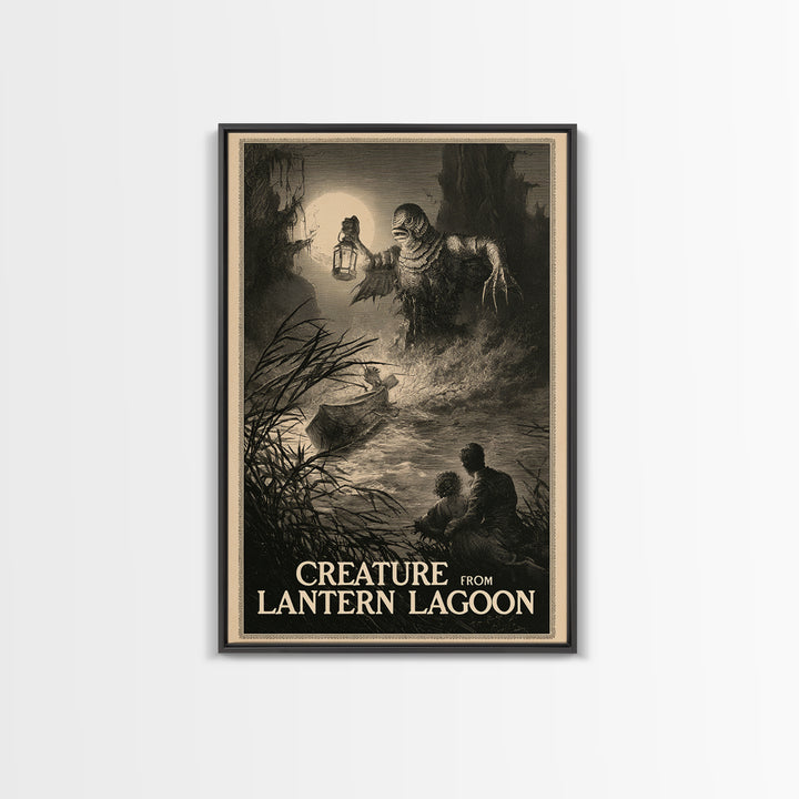Creature From Lantern Lagoon, English Language Horror Movie Poster, Gothic Engraving Art, Gothic Cinema Wall Art, Framed Canvas Print