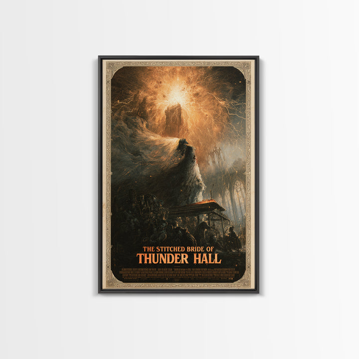 The Stitched Bride Of Thunder Hall, English Language Horror Movie Poster, Apocalyptic Romantic Art, Retro Horror Movie Art