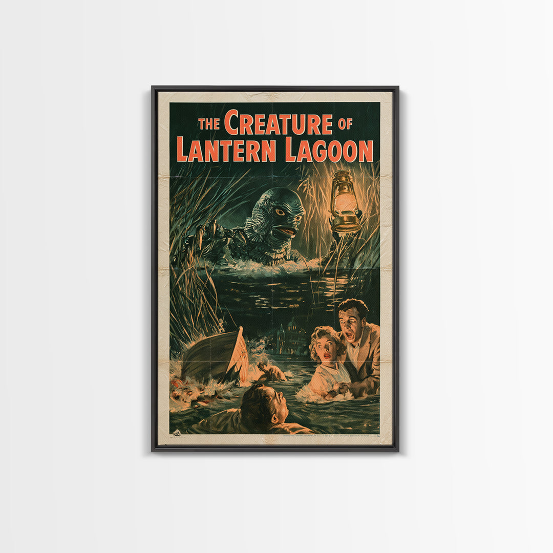 The Creature Of Lantern Lagoon, English Language Horror Movie Poster, 1950s Creature-Feature One-Sheet Inspired Art, Cult Horror Poster